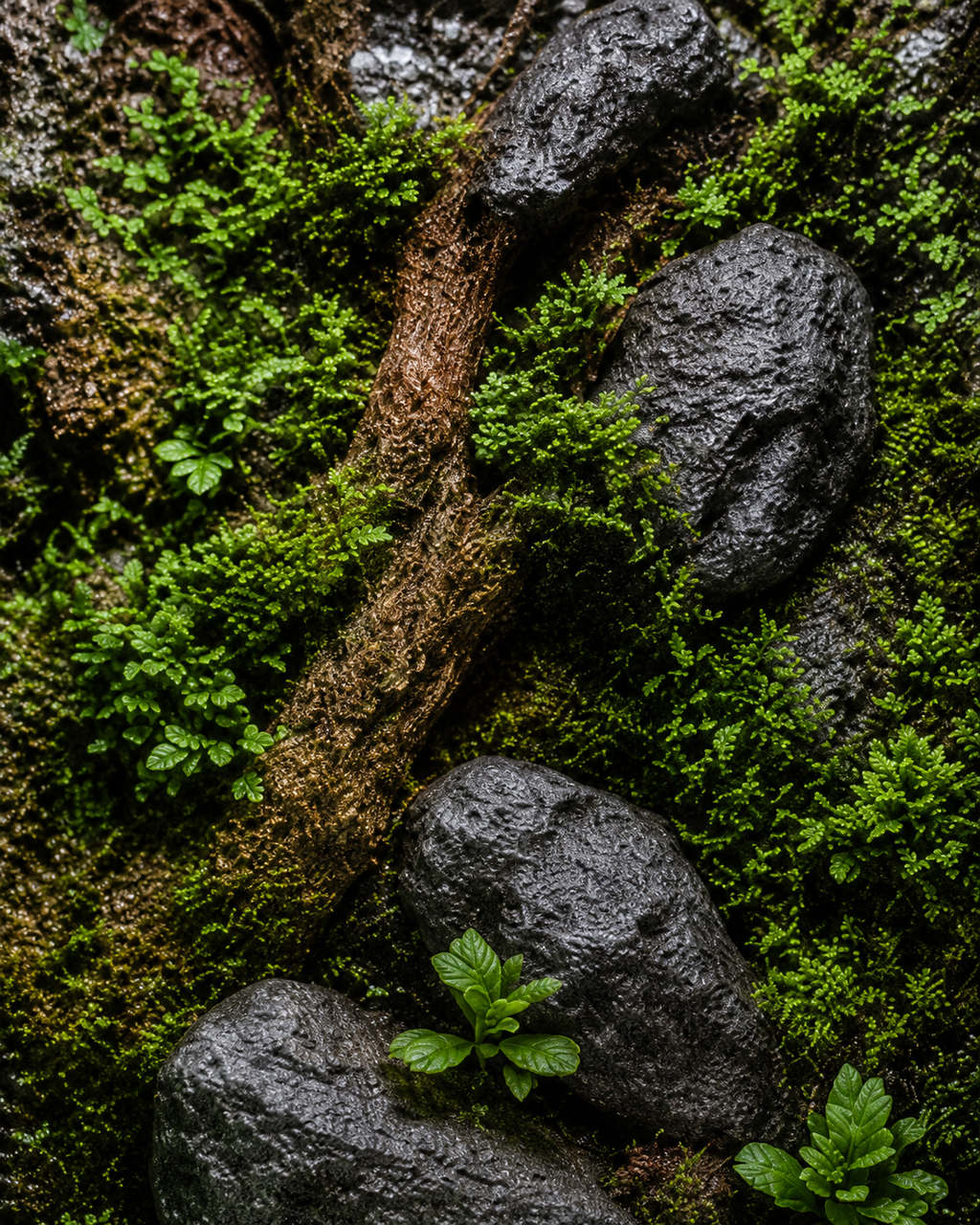 Close-up of a natural forest-style jumping spider enclosure background featuring green moss, textured rocks, small plants, and natural wood.