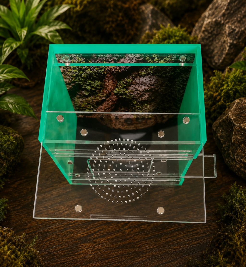 Top-down view of SilkNook jumping spider enclosure with green privacy side panels, clear top access, magnetic closures, upper ventilation, and natural forest background.