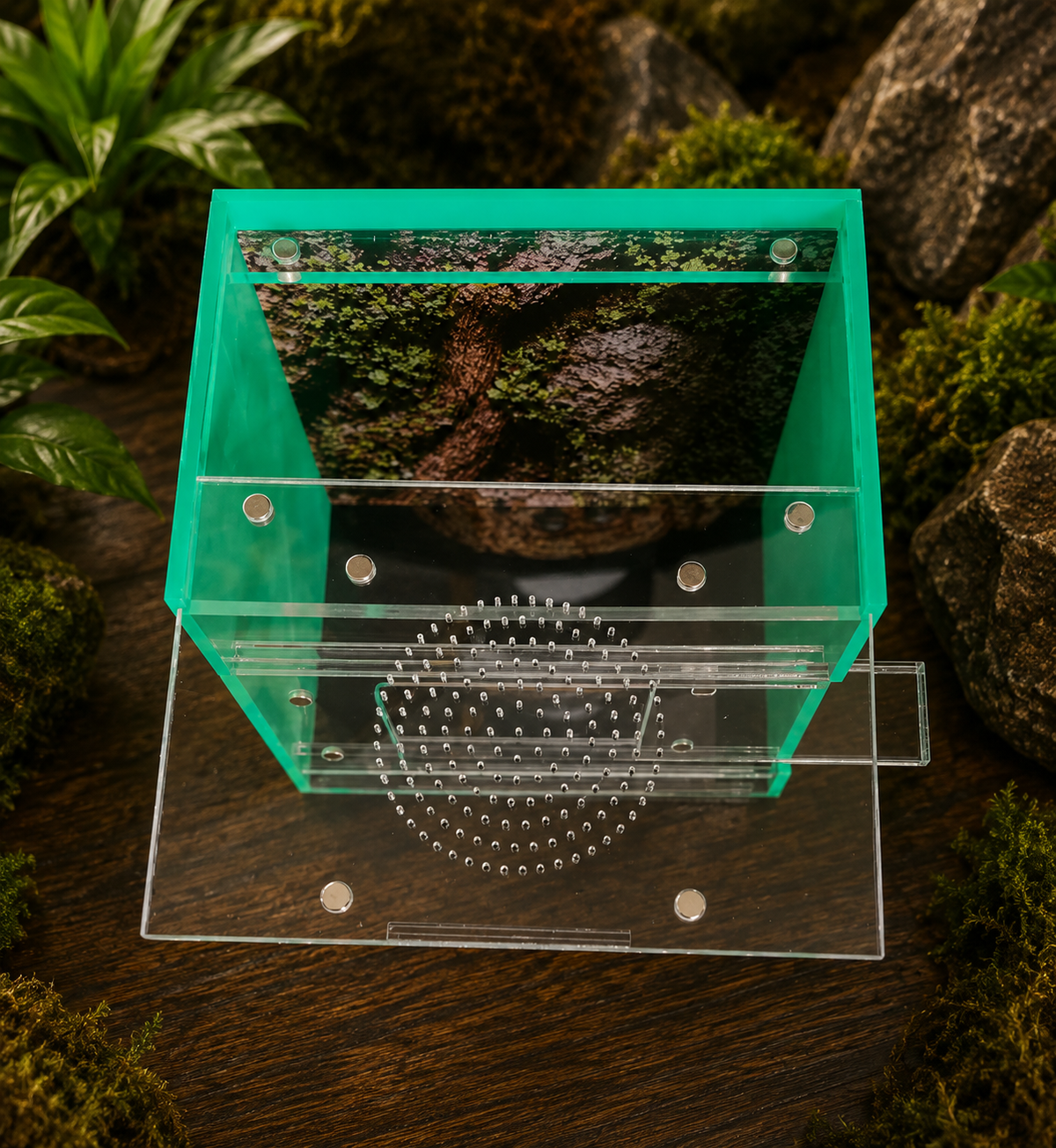Top-down view of SilkNook jumping spider enclosure with green privacy side panels, clear top access, magnetic closures, upper ventilation, and natural forest background.