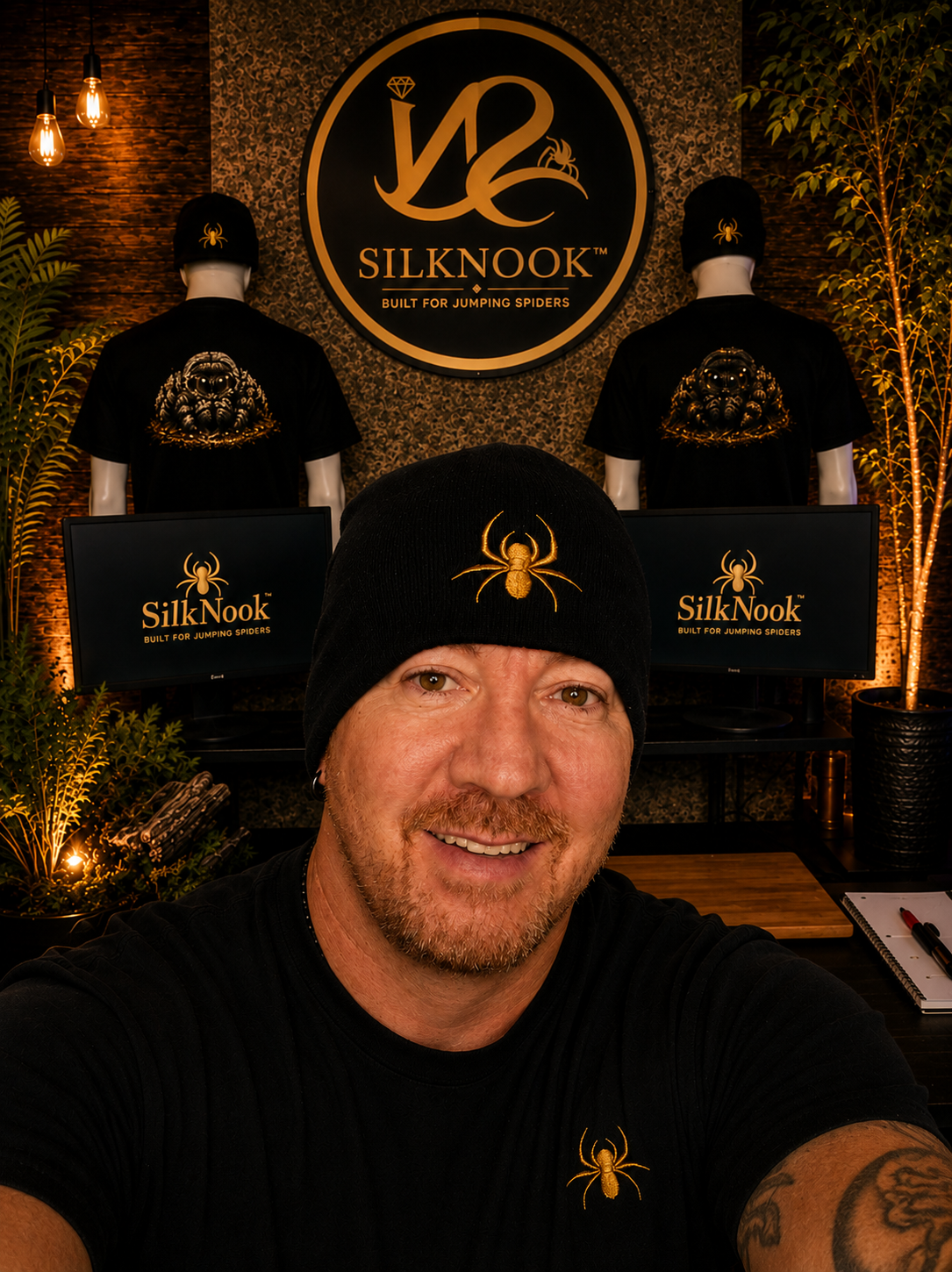 Man wearing a black SilkNook beanie and matching T-shirt with gold embroidered spider logos.