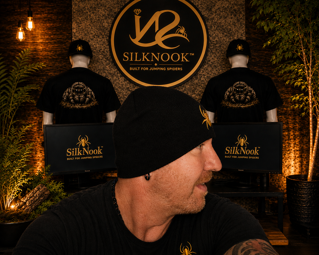 Man wearing a black SilkNook beanie and matching T-shirt with gold embroidered spider logos.