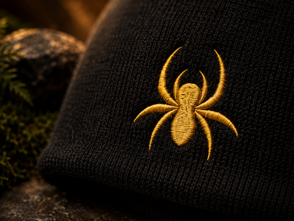 Close-up of the gold embroidered jumping spider logo on a black SilkNook knit beanie, highlighting the detailed stitching and fabric texture.