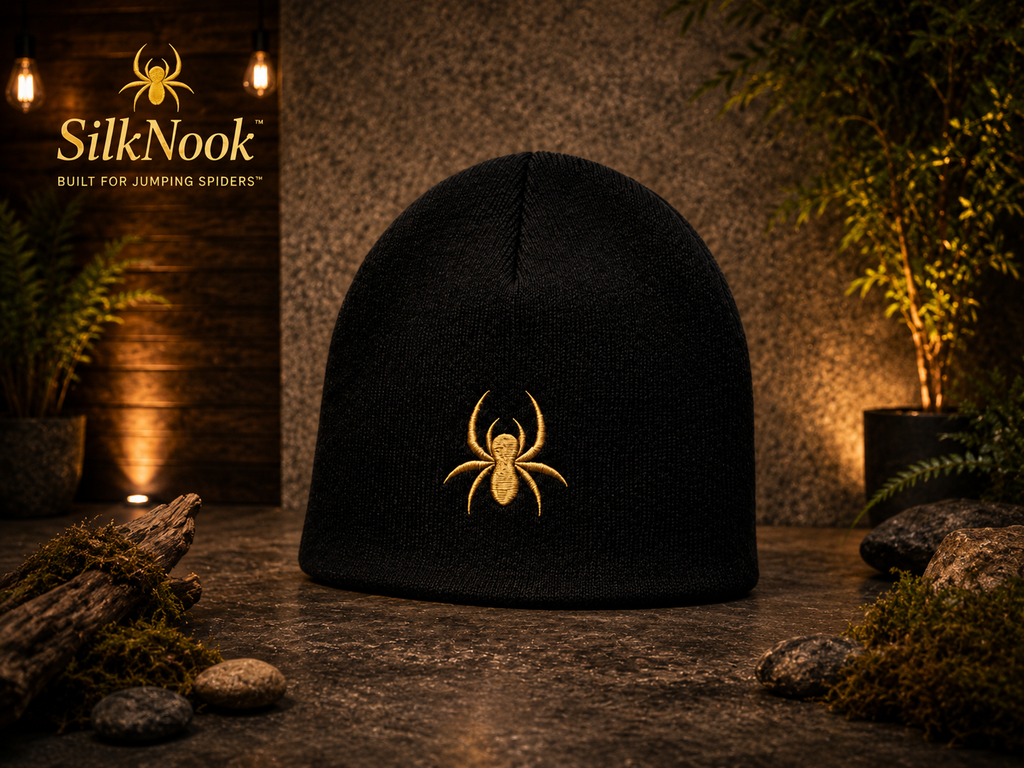Black SilkNook beanie featuring a gold embroidered jumping spider logo.
