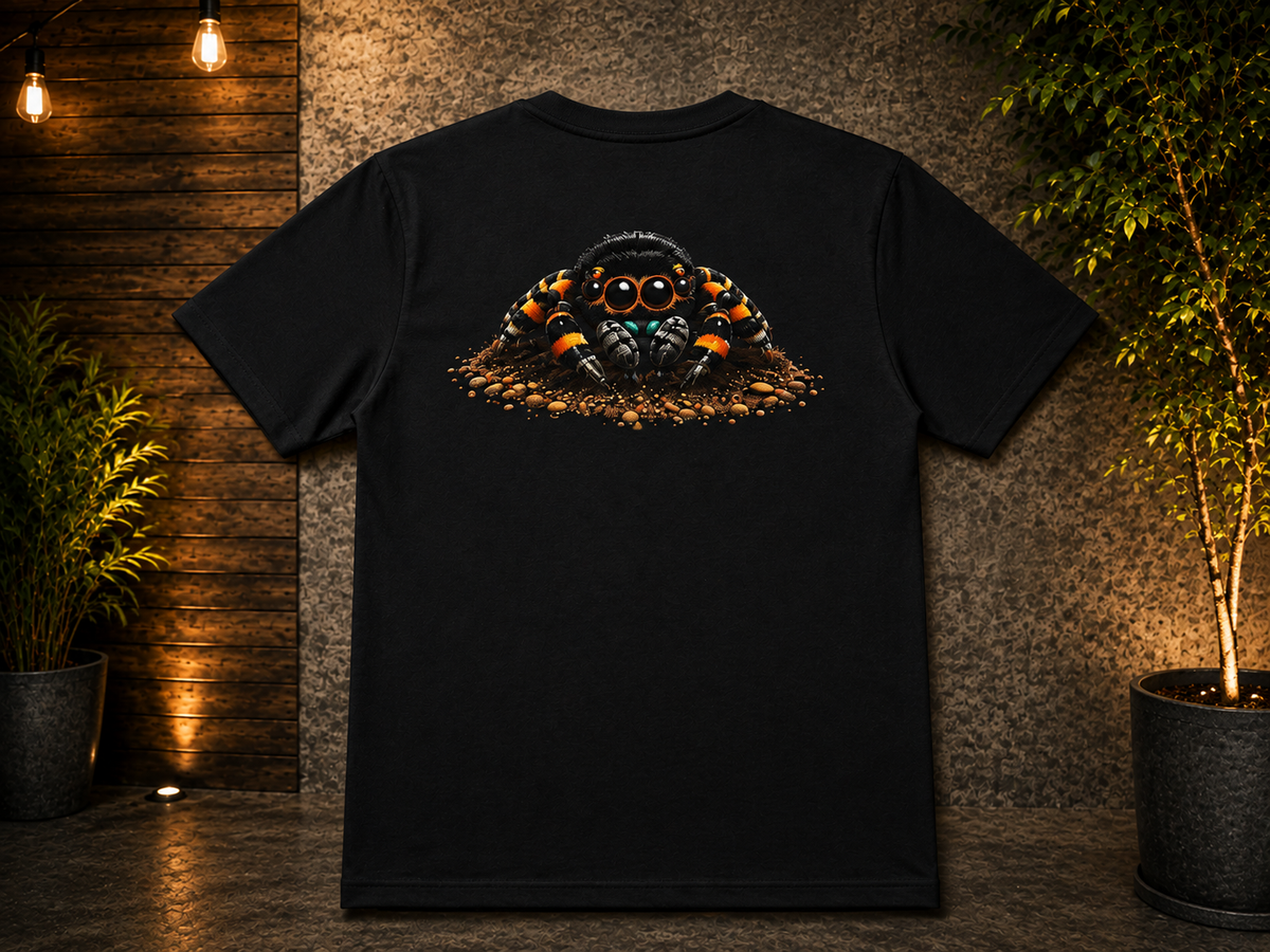 Black SilkNook T-shirt featuring a detailed orange and black jumping spider design on the back, displayed 