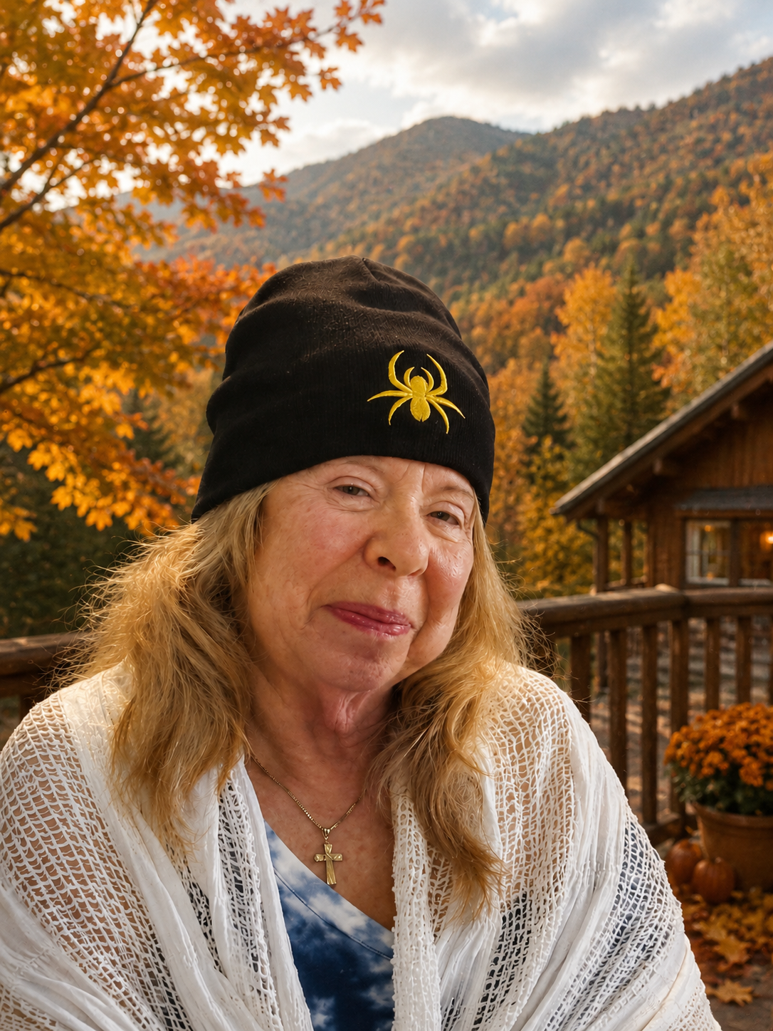 Family wearing a black SilkNook beanie featuring a gold embroidered jumping spider logo.