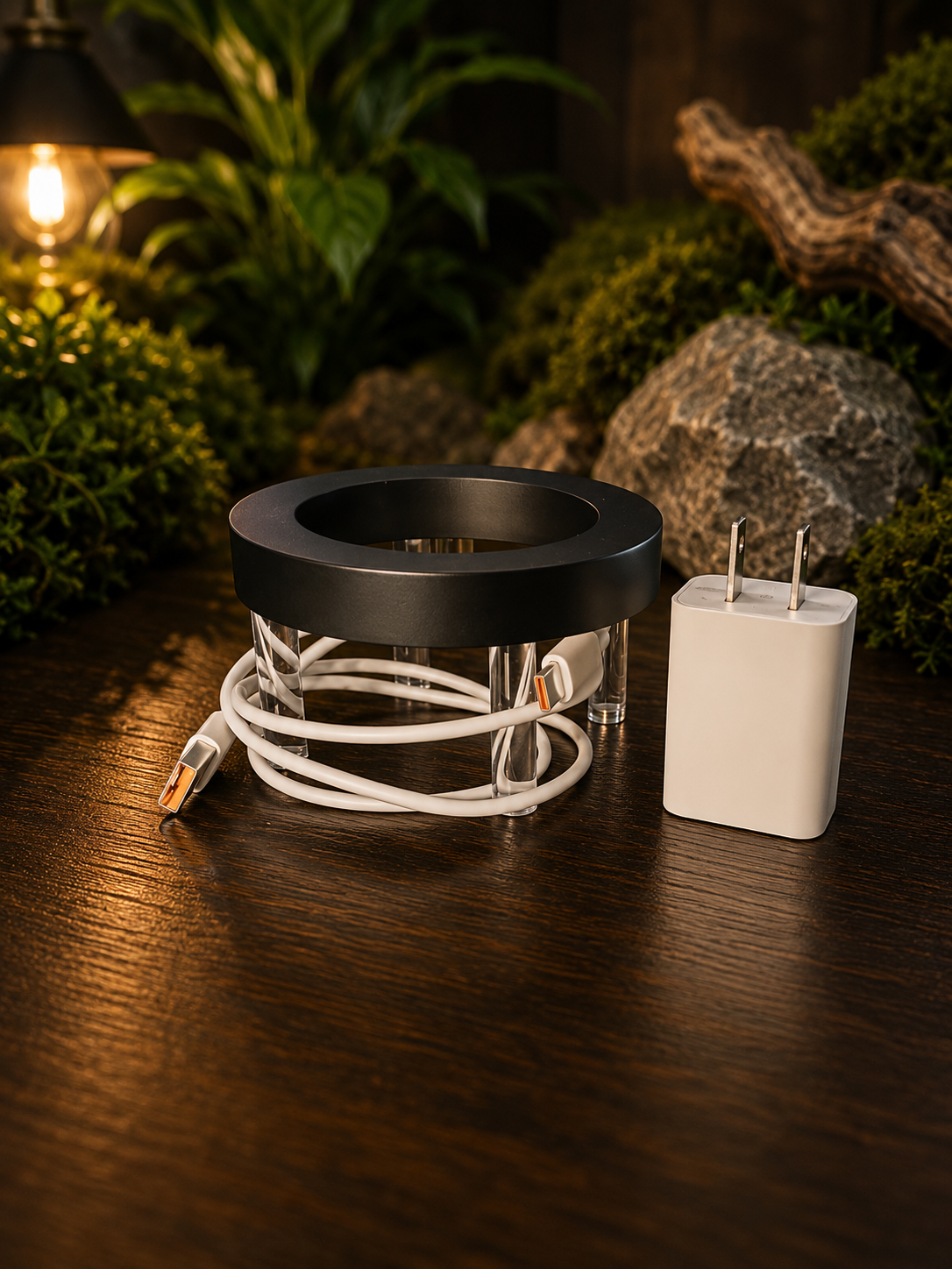 SilkNook magnetic LED jumping spider enclosure light kit with black ring light, clear support legs, white power cable, and wall adapter.