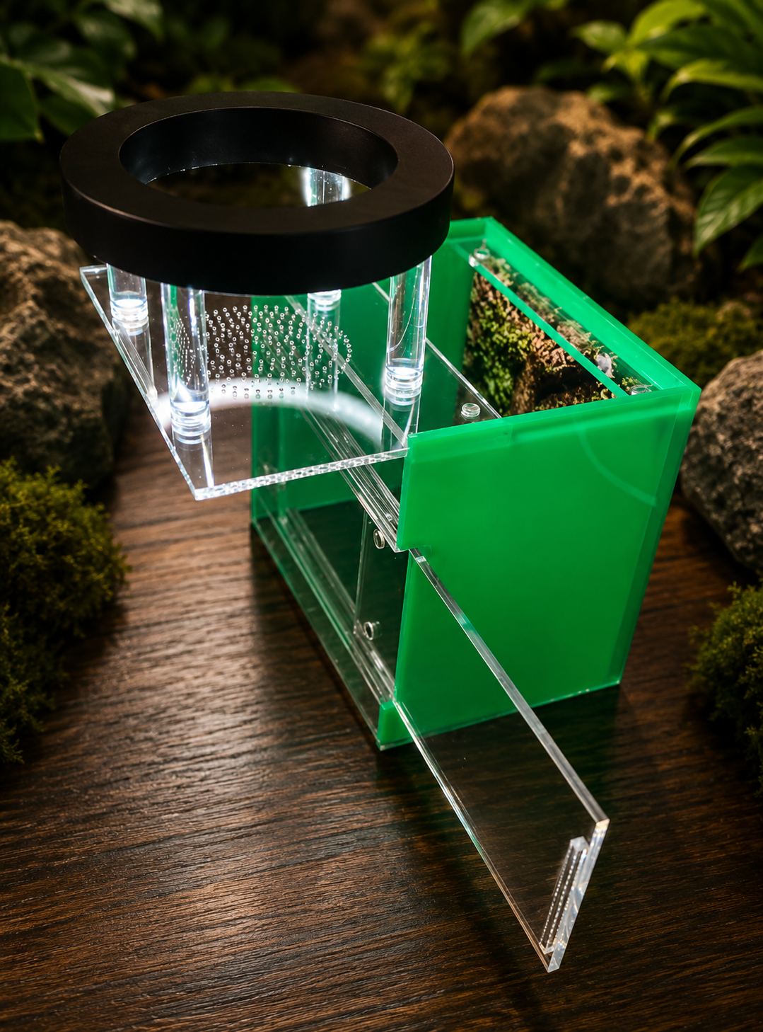 SilkNook Small jumping spider enclosure with green privacy side panels, open clear front door, top access, ventilation, and magnetic LED light.