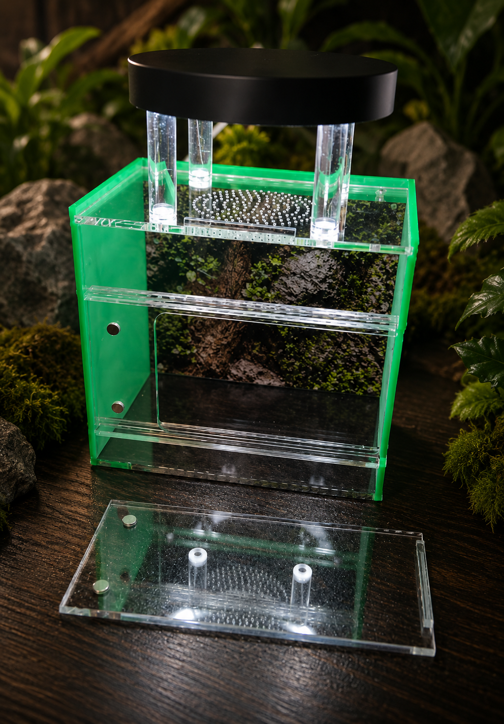 SilkNook Small jumping spider enclosure with green privacy side panels, clear removable front access, upper and cross ventilation, natural forest background, and magnetic LED light above.