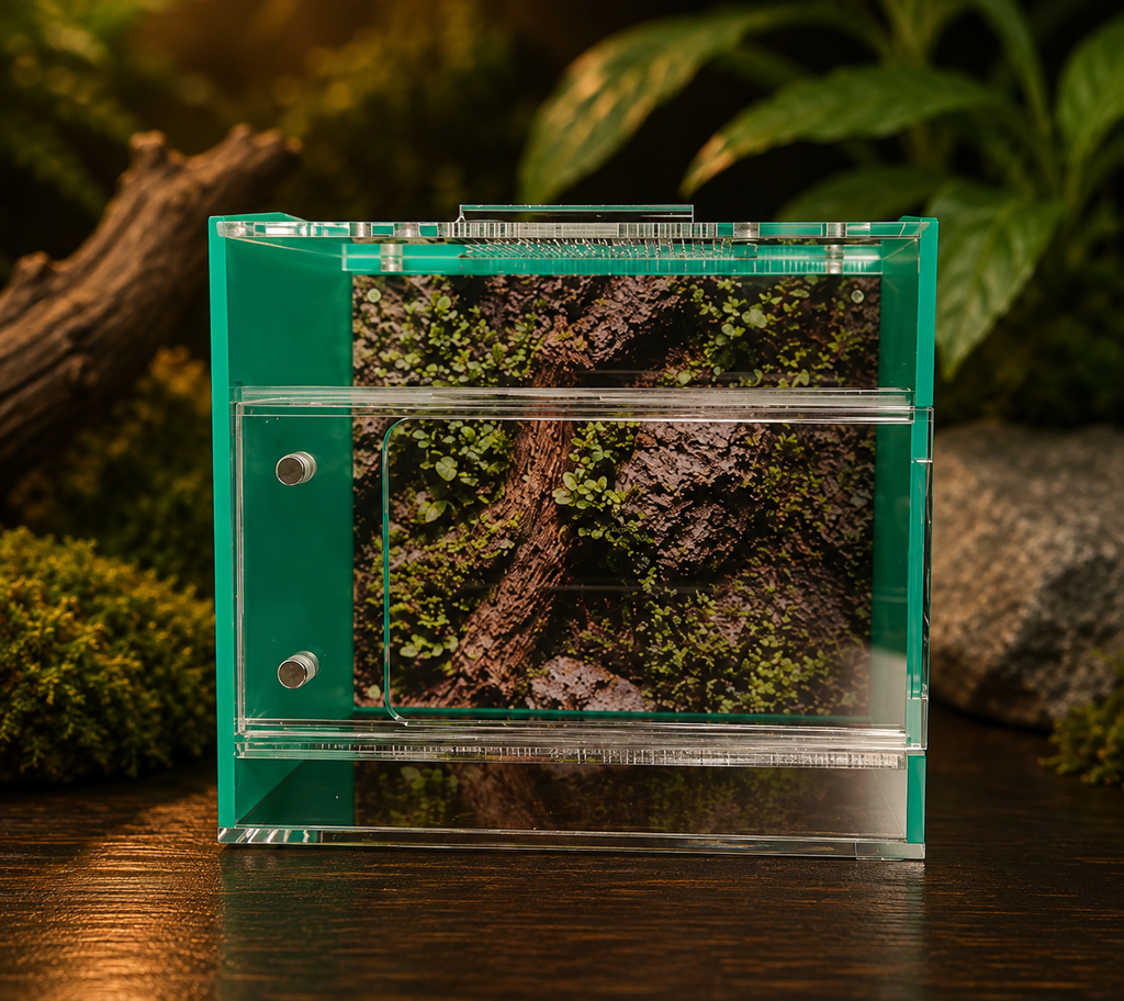 SilkNook Small Jumping Spider Enclosure with clear front access, privacy side panels, ventilation, and natural forest background.