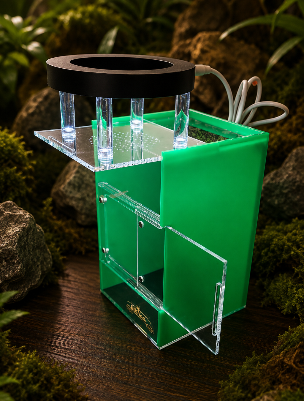 SilkNook jumping spider enclosure with green privacy side panels, clear front access, upper ventilation, natural forest background, and illuminated magnetic LED light.