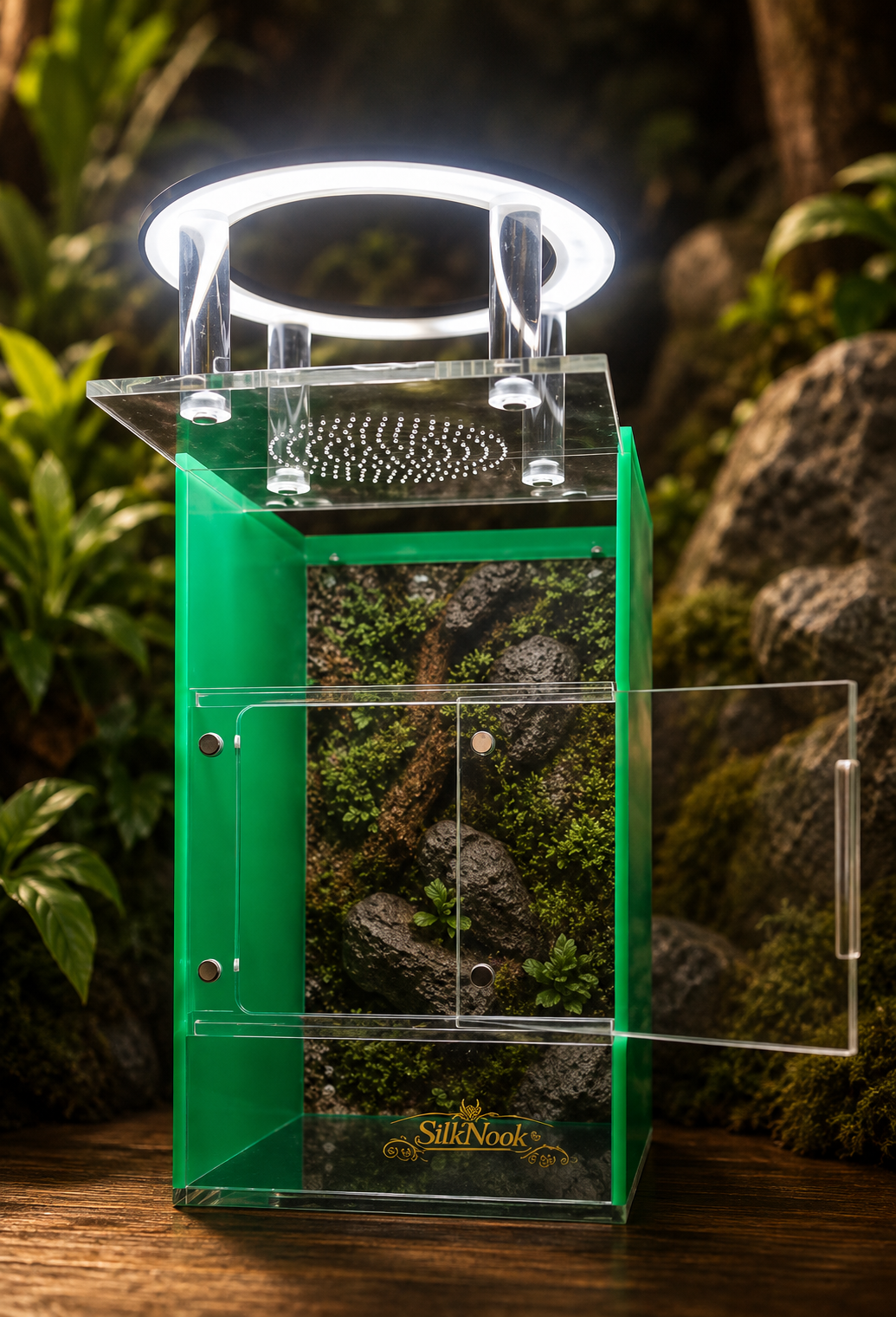 SilkNook jumping spider enclosure with green privacy side panels, clear front access, upper ventilation, natural forest background, and illuminated magnetic LED light.