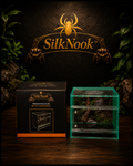 SilkNook small jumping spider enclosure displayed beside its premium packaging.